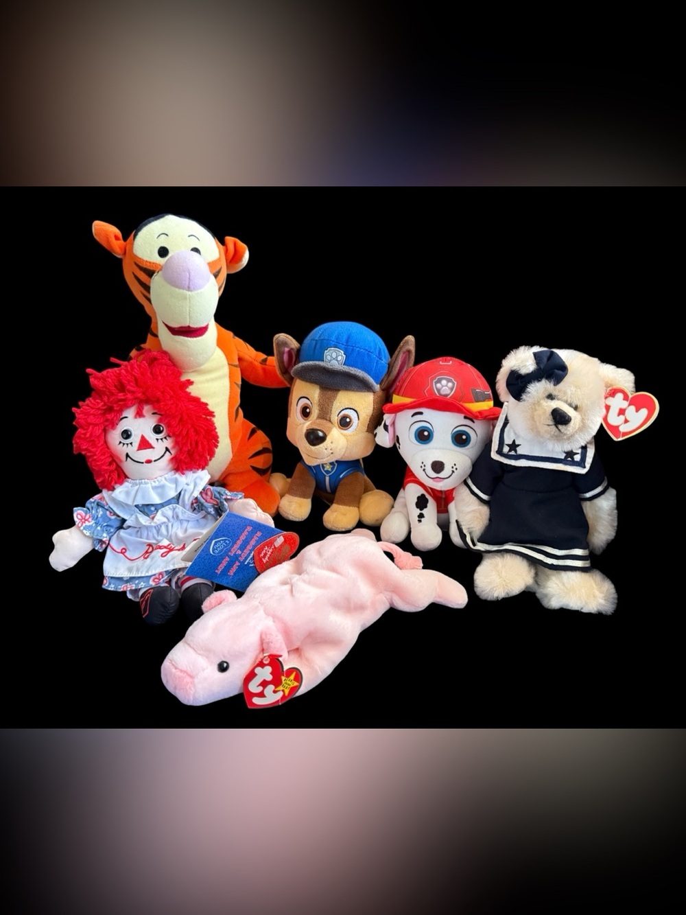 Lot Of 6 Plush Figures Animals Paw Patrol Tigger Raggedy Ann TY Pig & Bear